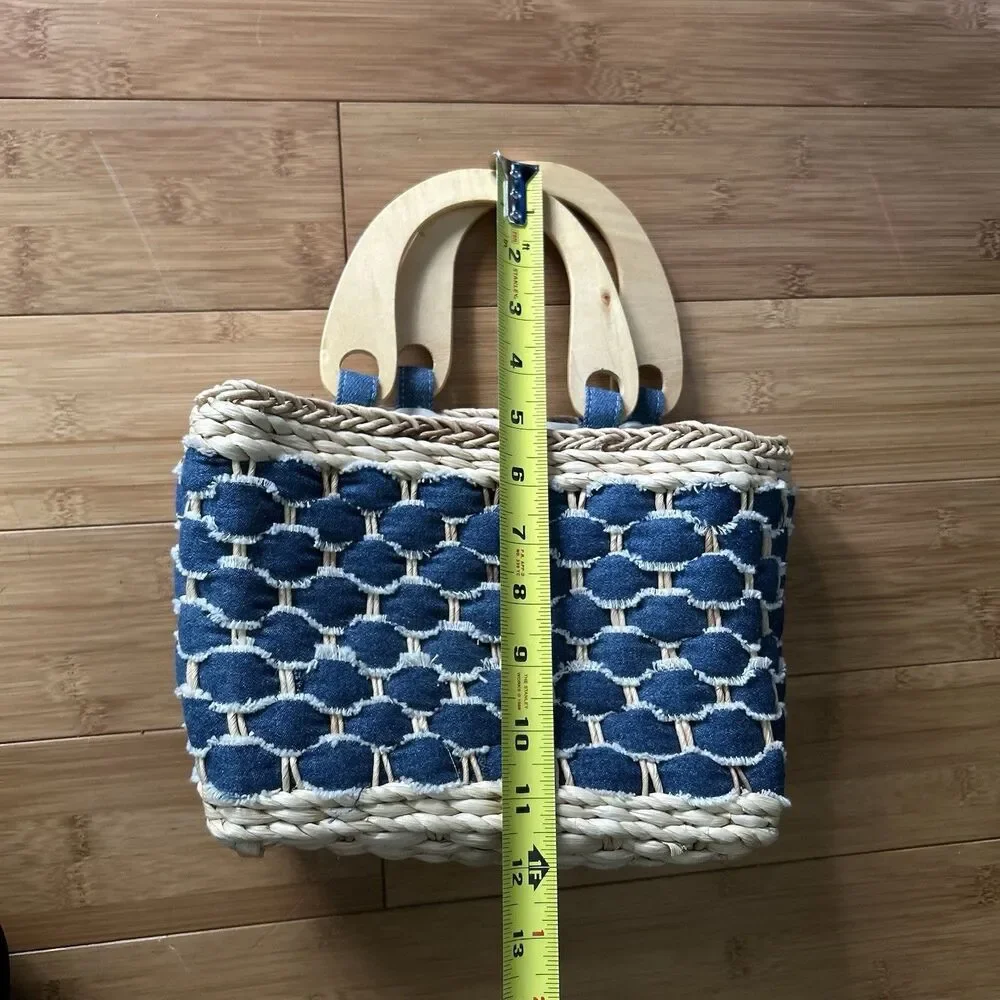 Faded Glory Woven Paper & Denim Mini Purse Wood Handle